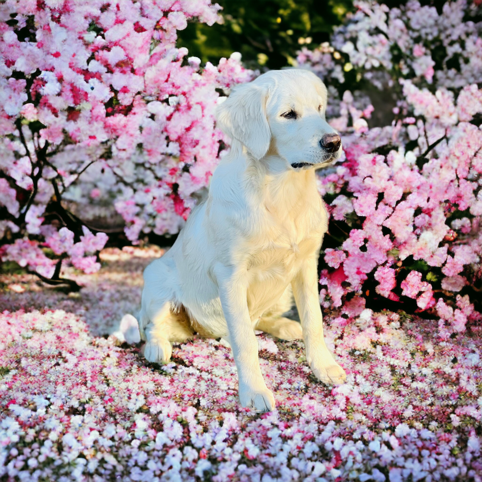 Ladybug the Golden Retriever sitting among flowers